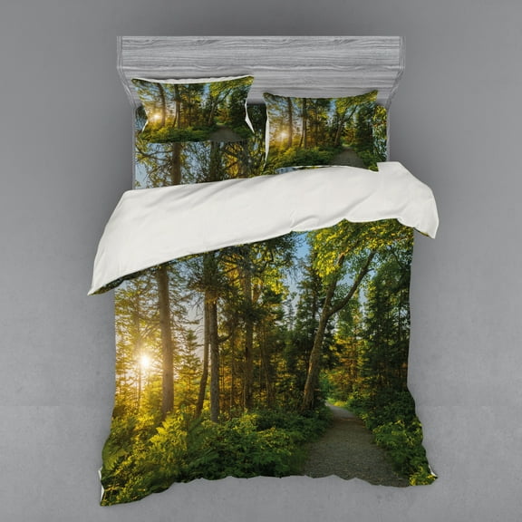 Ambesonne Nature Bedding Set 4 Pcs, National Park Trees Path, Queen, Blue Green