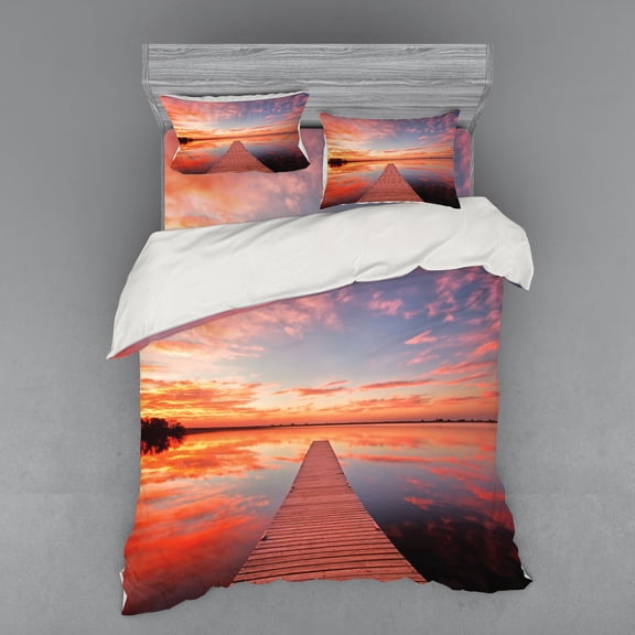 Ambesonne Nature Bedding Set 4 Pcs, Pathway Sunset at Ocean, Queen, Orange Lavender