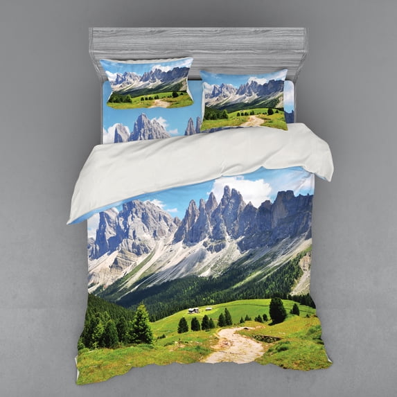 Ambesonne Nature Bedding Set 4 Pcs, Pathway to Forest Alps, Queen, Green White Blue