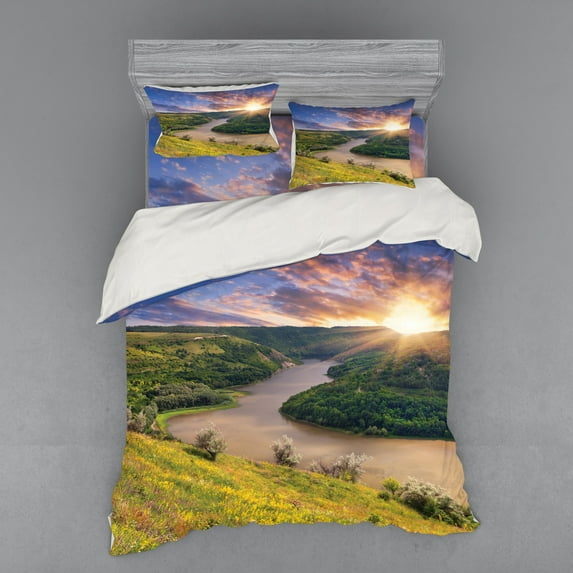 Ambesonne Nature Bedding Set 4 Pcs, Rising Sun Calm River, Queen, Multicolor
