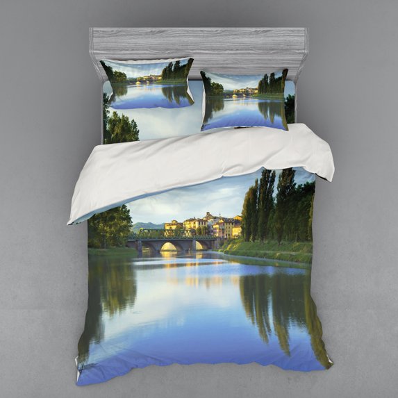 Ambesonne Nature Bedding Set 4 Pcs, River Bridge Town Trees, Queen, Green Blue