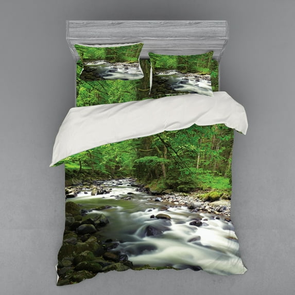 Ambesonne Nature Bedding Set 4 Pcs, Riverbed Rocks Trees, Queen, Green Grey White