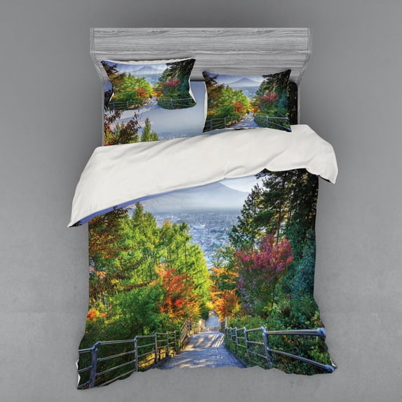 Ambesonne Nature Bedding Set 4 Pcs, Sakura Garden, Queen, Green Grey