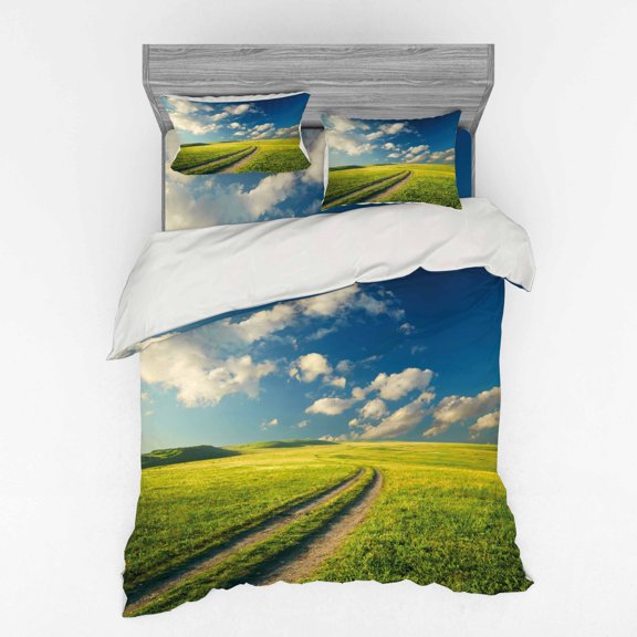 Ambesonne Nature Bedding Set 4 Pcs, Spring Rural Country, Queen, Apple Green Dark Blue