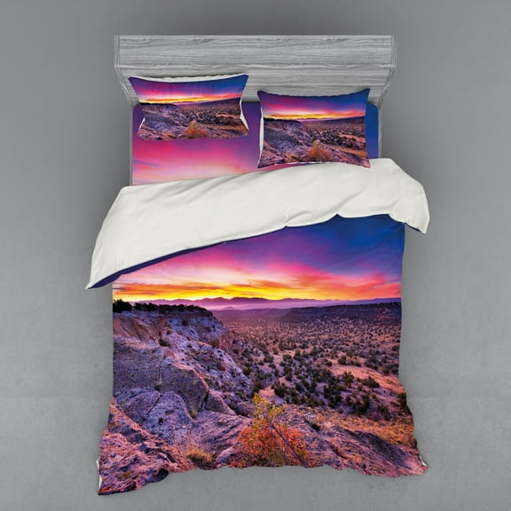 Ambesonne Nature Bedding Set 4 Pcs, Sunrise Sky Horizon Dusk, Queen, Purple Blue