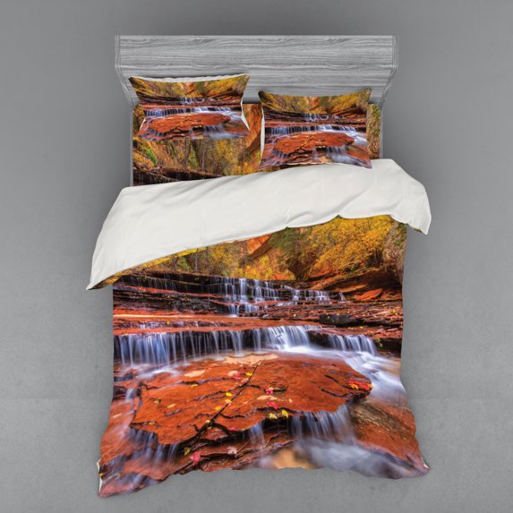 Ambesonne Nature Bedding Set 4 Pcs, Waterfall Autumn, Queen, Brown