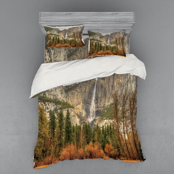 Ambesonne Nature Bedding Set 4 Pcs, Yosemite Falls Trees, Queen, Orange Green