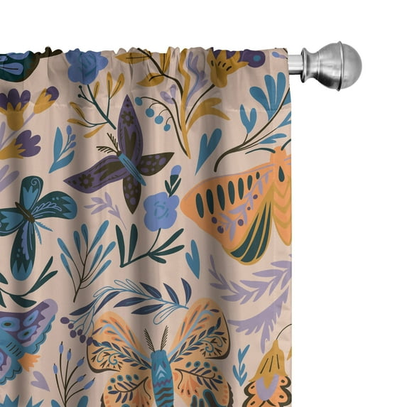 Ambesonne Nature Boho Curtains, Dreamy Garden Moths Art, Pair of 28"x63", Pale Peach Ceil Blue