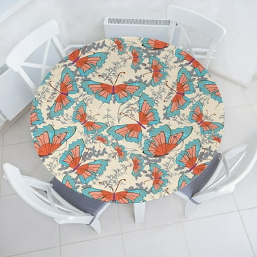 Ambesonne Nature Boho Fitted Round Tablecloth, Art Butterfly Pattern, 40"- 44" Diameter, Coral Deep Sky Blue