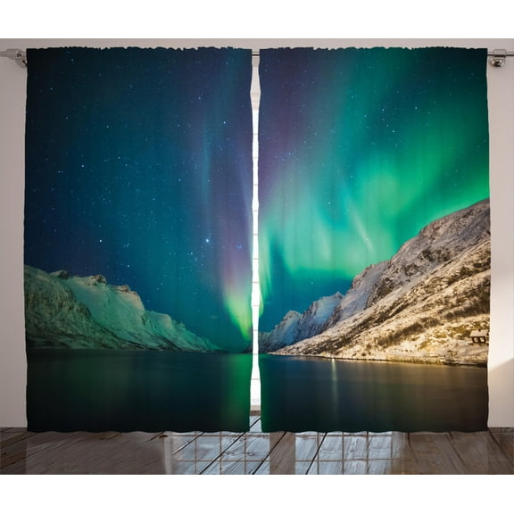 Ambesonne Nature Curtains 2 Panel Set, Aurora Borealis, 108" x 90", Jade Green