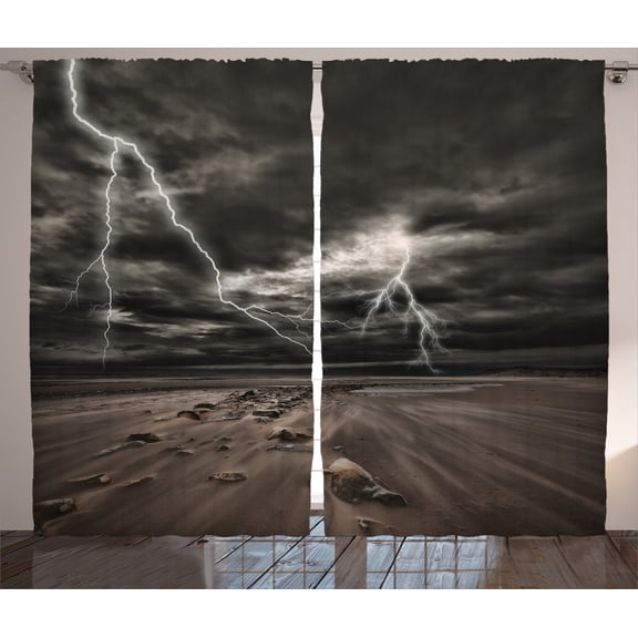 Ambesonne Nature Curtains 2 Panel Set, Bolts Across the Sandy Beach, 108" x 90", Brown and Grey
