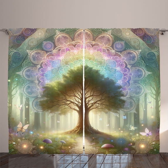 Ambesonne Nature Curtains 2 Panel Set, Dreamy Fantasy Woods Mandala, 108" x 96", Green Lilac Sepia