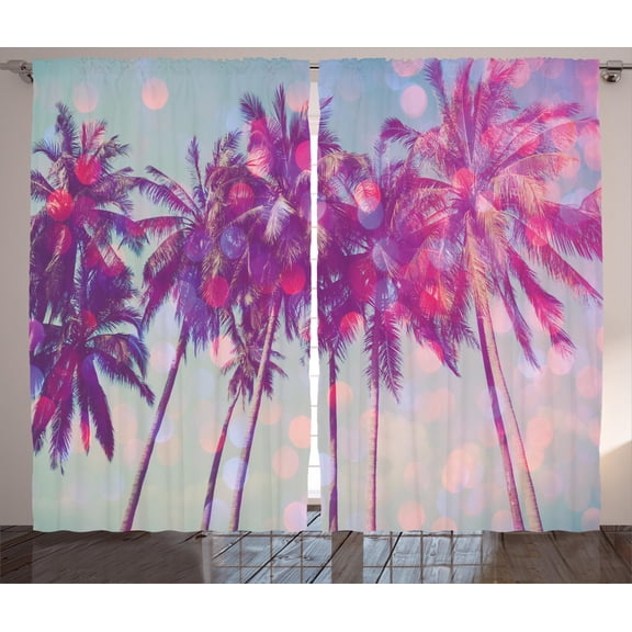 Ambesonne Nature Curtains 2 Panel Set, Hawaiian Tropic Palms, 108" x 84", Fuchsia Purple Green
