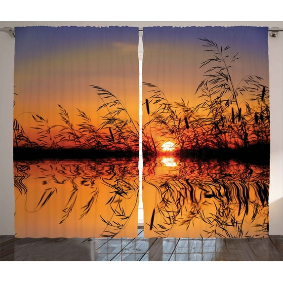 Ambesonne Nature Curtains 2 Panel Set, Lake Sunset Photo Scene, 108" x 96", Multicolor