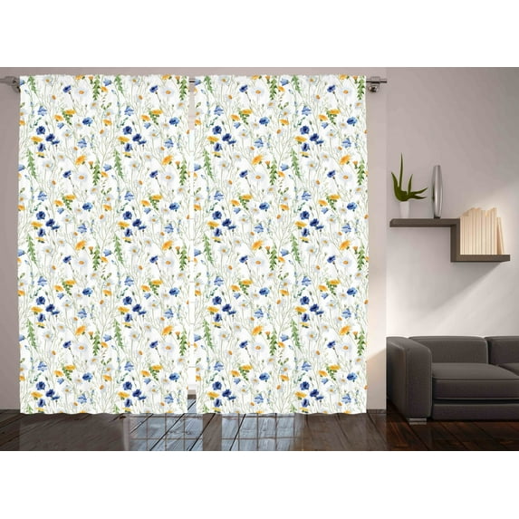 Ambesonne Nature Curtains 2 Panel Set, Poppies Daisies Rural, 108" x 84", Pale Green Yellow Blue
