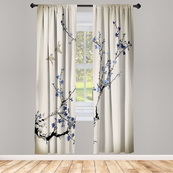Ambesonne Nature Curtains, Birds Cherry Branches Style, Pair of 28"x84", Grey Yellow