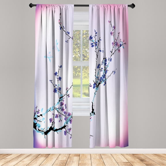 Ambesonne Nature Curtains, Birds Cherry Branches Style, Pair of 28"x95", Blue Violet