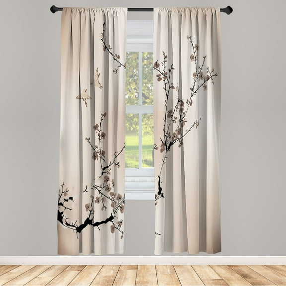Ambesonne Nature Curtains, Birds Cherry Branches Style, Pair of 28"x95", Cocoa Black