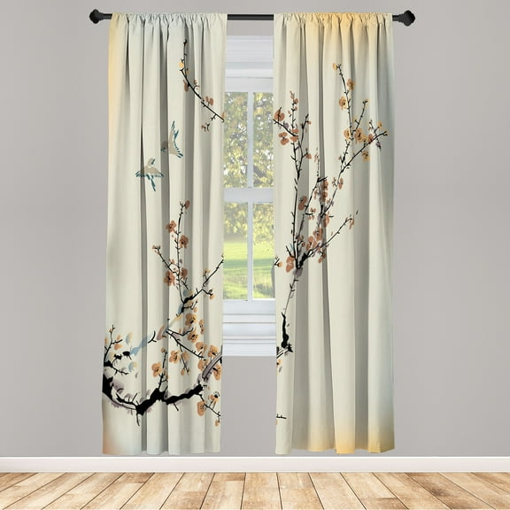 Ambesonne Nature Curtains, Birds Cherry Branches Style, Pair of 28"x95", Pale Mustard