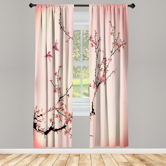 Ambesonne Nature Curtains, Birds Cherry Branches Style, Pair of 28"x95", Pastel Pink