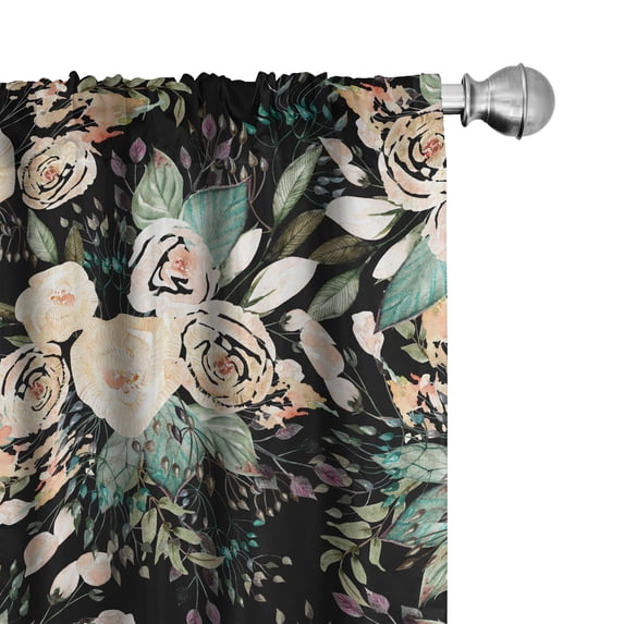 Ambesonne Nature Curtains, Roses Leaves Branches Print, Pair of 28"x63", Almond Green Cream Black