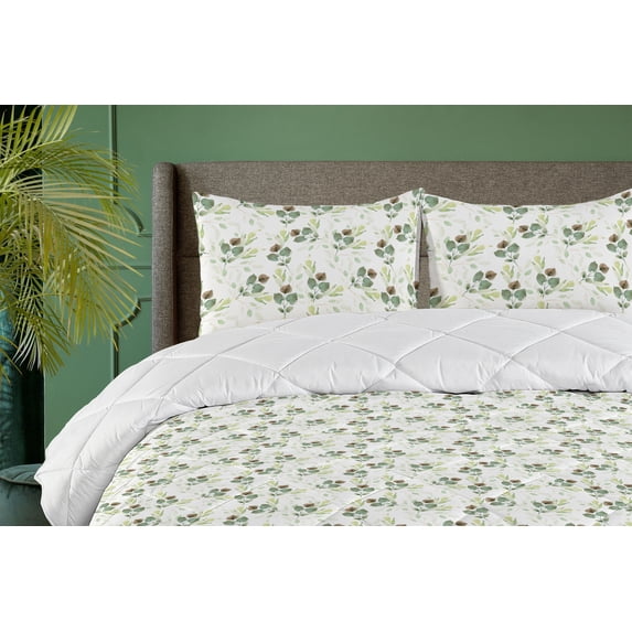 Ambesonne Nature Down Alternative Quilt Comforter, Minimalist Leaves Branches, King, Pistachio Green White