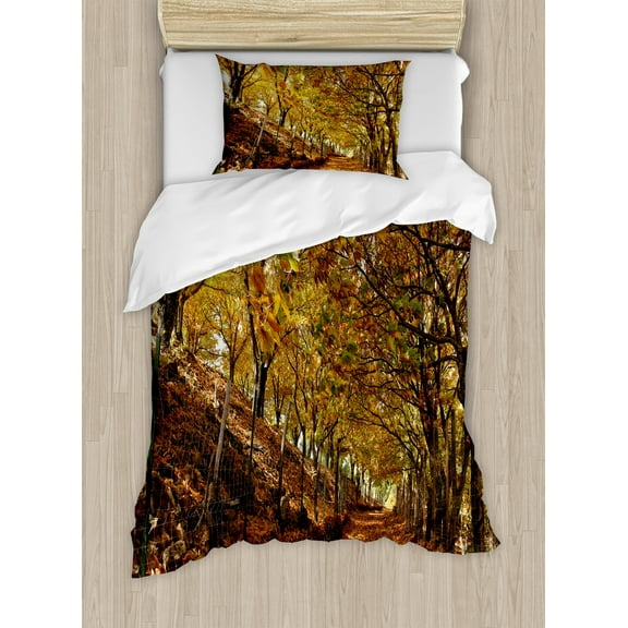 Ambesonne Nature Duvet Cover Set, Autumn Foliage Forest, Twin, Brown Amber Marigold