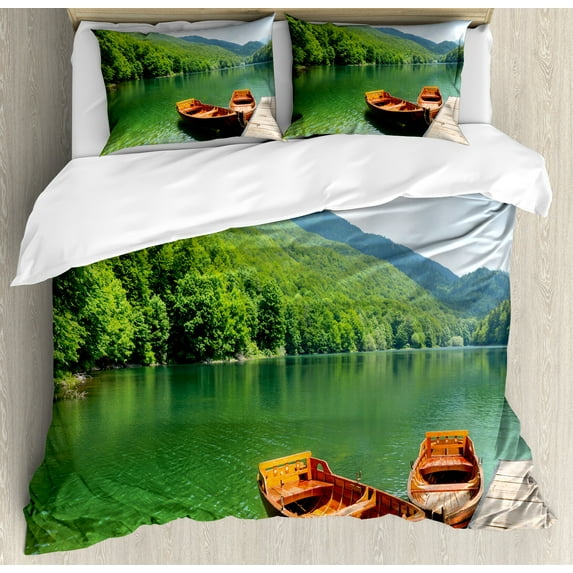 Ambesonne Nature Duvet Cover Set, Boats Lake Forest Serene, 2-Calking, Fern Green Cinnamon