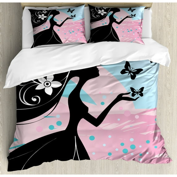 Ambesonne Nature Duvet Cover Set, Butterfly Floral Head, 2-Calking, Black Pale Pink Sky Blue