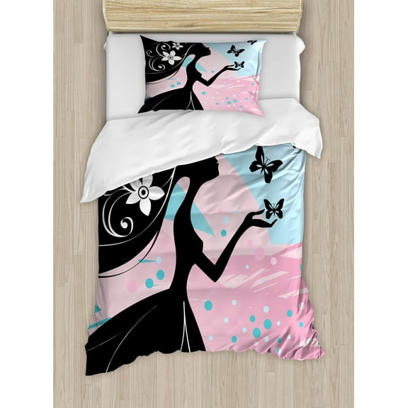 Ambesonne Nature Duvet Cover Set, Butterfly Floral Head, Twin, Black Pale Pink Sky Blue