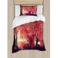 thumbnail image 1 of Ambesonne Nature Duvet Cover Set, Charming Mist Forest, Twin, Brown and Ruby, 1 of 3