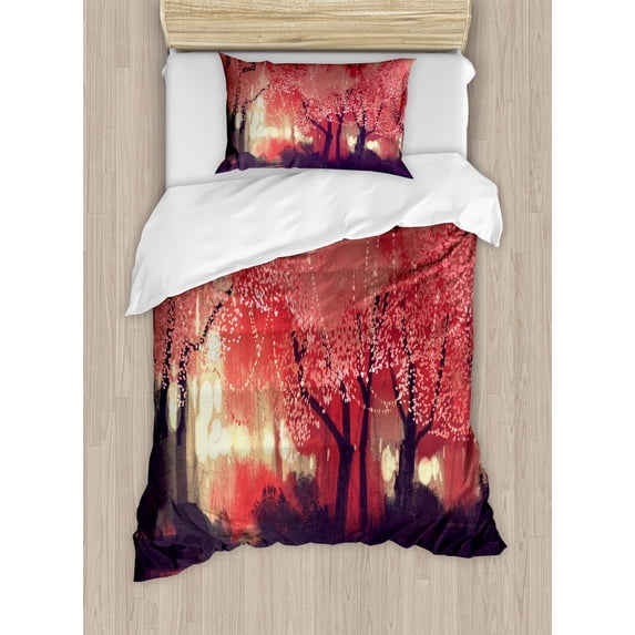 Ambesonne Nature Duvet Cover Set, Charming Mist Forest, Twin, Brown and Ruby