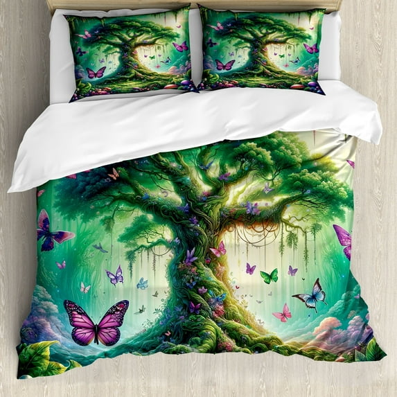 Ambesonne Nature Duvet Cover Set, Dreamy Life Tree Butterflies, King, Fern Green Pale Purple