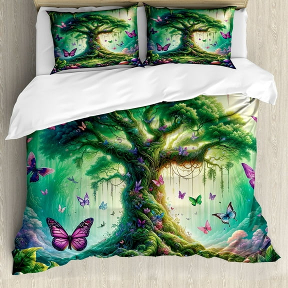 Ambesonne Nature Duvet Cover Set, Dreamy Life Tree Butterflies, Queen, Fern Green Pale Purple