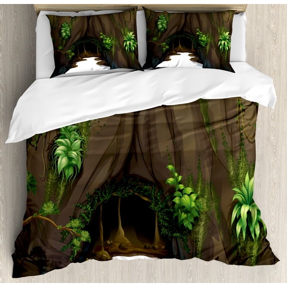 Ambesonne Nature Duvet Cover Set, Fantasy Tree Cave Moss, Calking, Fern Green Chocolate
