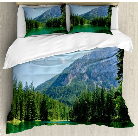 Ambesonne Nature Duvet Cover Set, Forest Lake in Valley, 2-Calking, Pale Blue Hunter Green