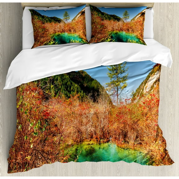 Ambesonne Nature Duvet Cover Set, Idyllic Autumn Season, King, Green Amber