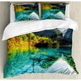 thumbnail image 1 of Ambesonne Nature Duvet Cover Set, Idyllic Mountain Creek, King, Teal Fern Green Marigold, 1 of 6