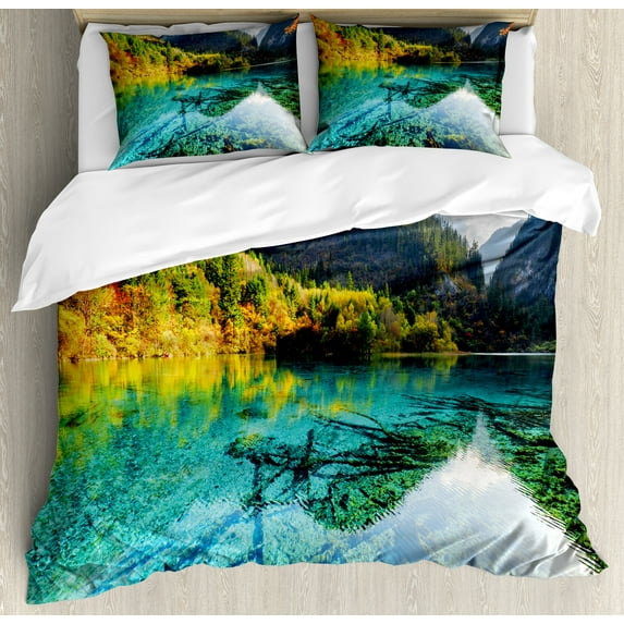 Ambesonne Nature Duvet Cover Set, Idyllic Mountain Creek, King, Teal Fern Green Marigold