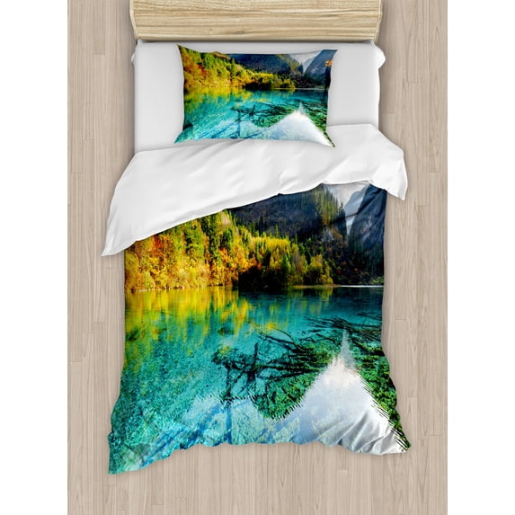 Ambesonne Nature Duvet Cover Set, Idyllic Mountain Creek, Twin, Teal Fern Green Marigold