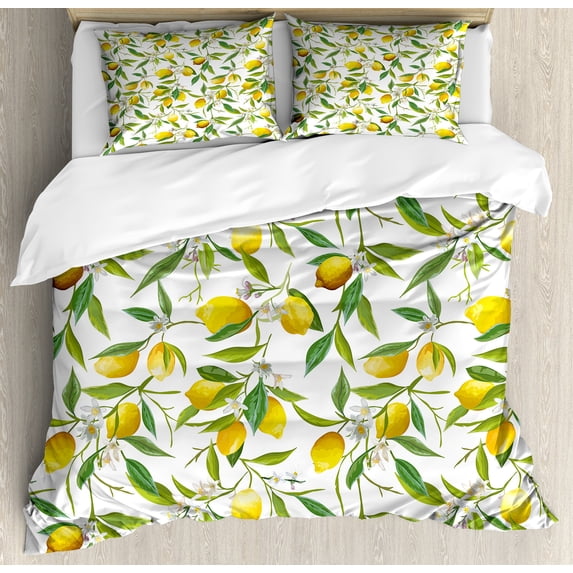 Ambesonne Nature Duvet Cover Set, Lemon Woody Romantic, Queen, Fern Green Yellow White