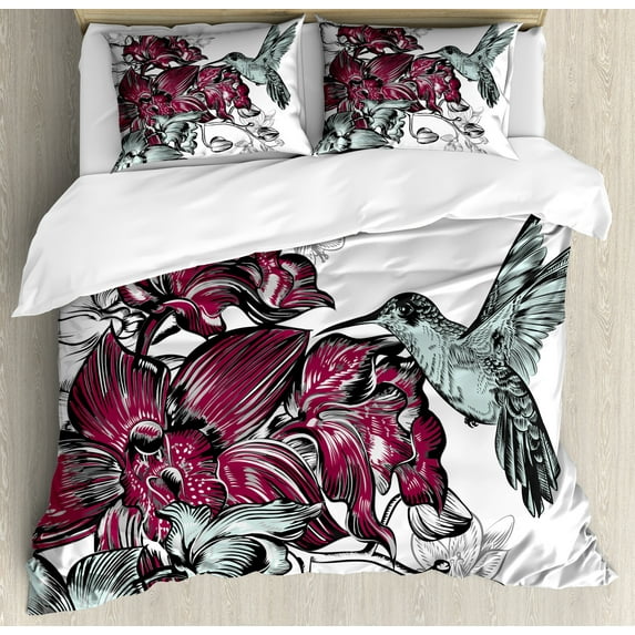 Ambesonne Nature Duvet Cover Set, Orchids and Hummingbird, 2-Calking, Burgundy