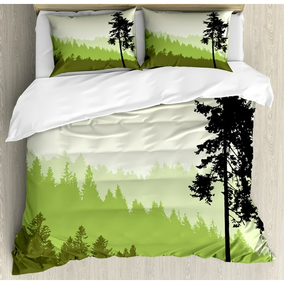 Ambesonne Nature Duvet Cover Set, Pine Tree Silihouette, Queen, Lime Green Army Green