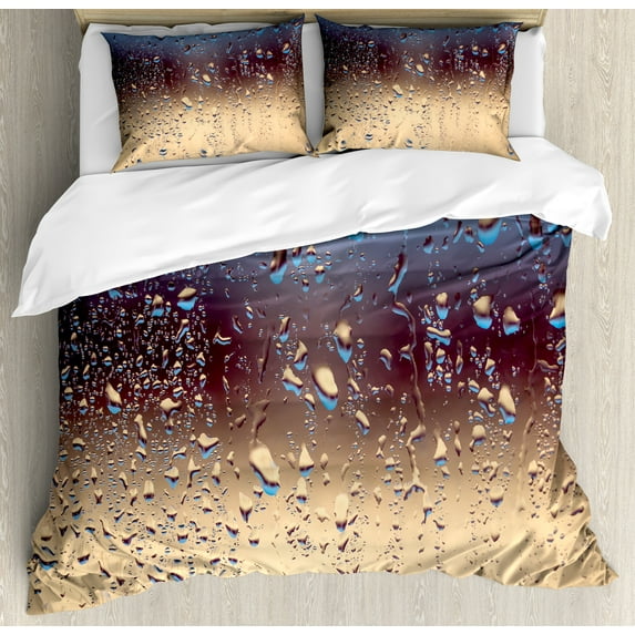 Ambesonne Nature Duvet Cover Set, Rainy Day Window Effect, King, Blue Tan Brown