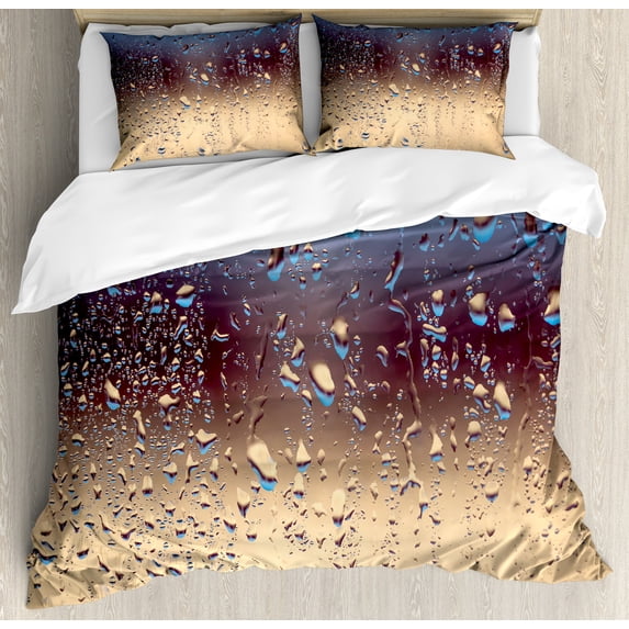 Ambesonne Nature Duvet Cover Set, Rainy Day Window Effect, Queen, Blue Tan Brown