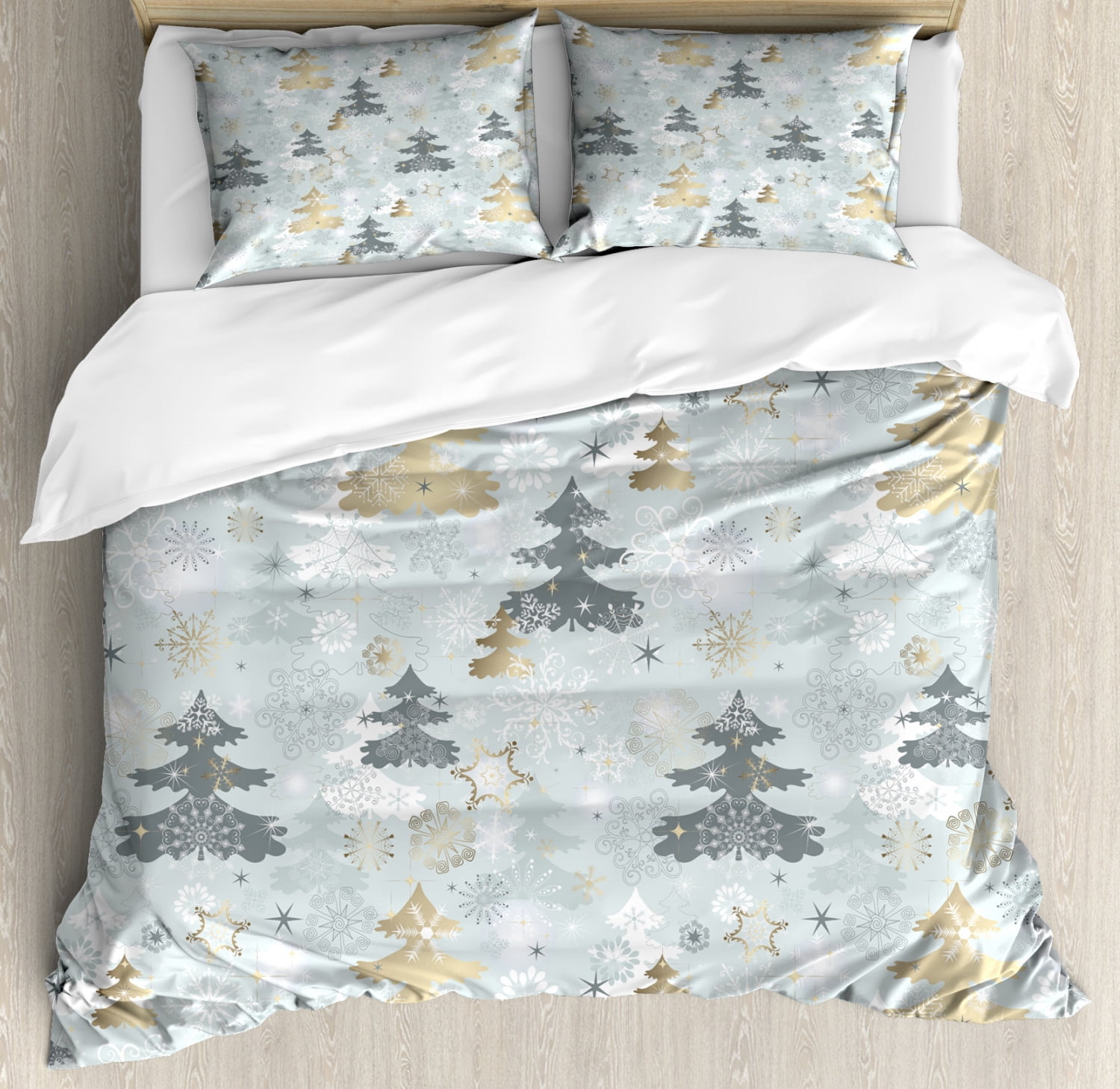 Retro Pine Tree and Snowflake Queen Duvet Cover Set