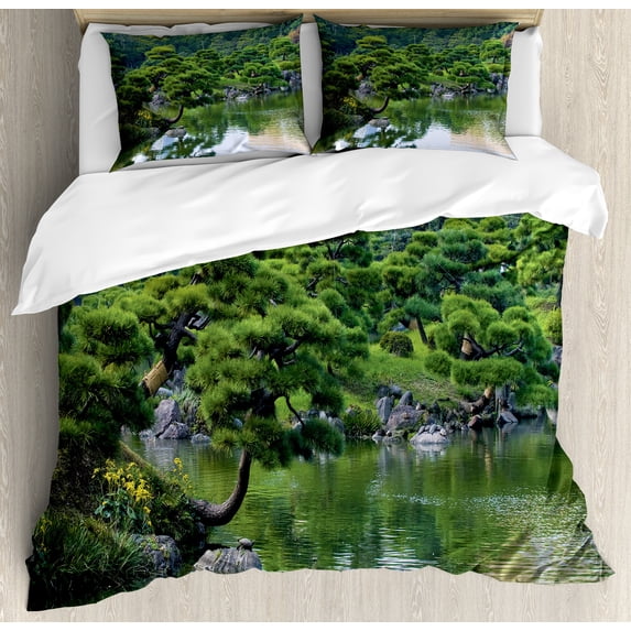 Ambesonne Nature Duvet Cover Set, River Landscape Trees, 2-Calking, Green