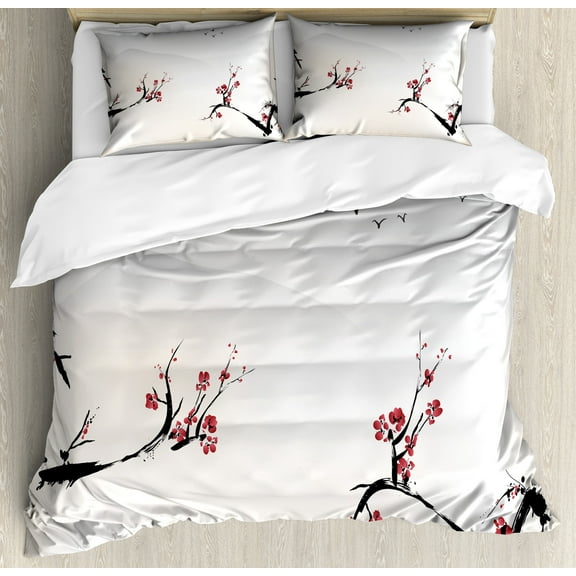 Ambesonne Nature Duvet Cover Set, Sakura Flower and Gulls, Calking, Beige Red Black
