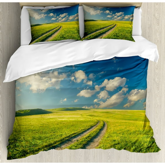 Ambesonne Nature Duvet Cover Set, Spring Rural Country, 2-Calking, Apple Green Dark Blue