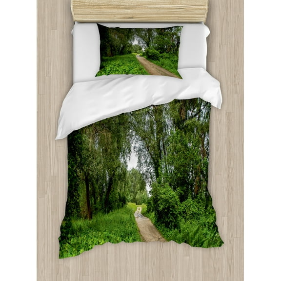 Ambesonne Nature Duvet Cover Set, Sunny Day in Meadows, Twin, Umber Fern Green